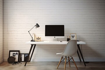 Modern and minimalist workspace with blank wall. Generative AI