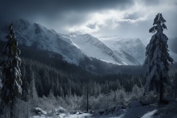 Snowy mountain scenery surrounded by trees. Generative AI