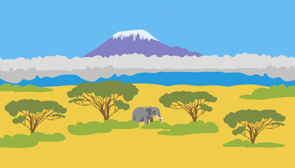 background image african savannah. landscape vector in realistic style. view of Mount Kilimanjaro. African elephant. wallpaper with trees mountain and elephant.african acacia. 