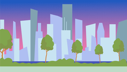 horizontal city landscape with skyscrapers. business center in flat style vector. simple geometric shapes. wallpaper with a view of the city across the river. Trees along the road. 