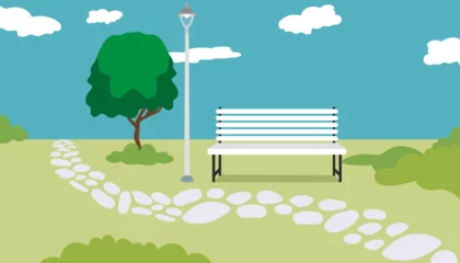  horizontal landscape with a bench in the park. path with a lantern in the garden in a vector in a flat style. tree,lantern,bench,bushes,lawn,stones,path,clouds.background for a scene with people. © Anna