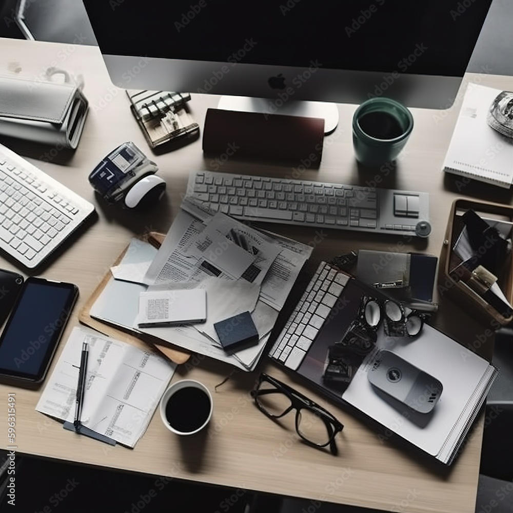 Poster high-angle image shows a desk with numerous items on it in a financial firm.. generative ai