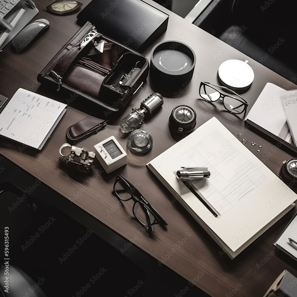 Poster high-angle image shows a desk with numerous items on it in a financial firm.. generative ai