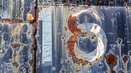 Grunge worn rusty metal background with chipped and faded painted numbers