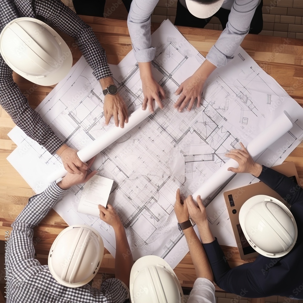 Poster architect team working with blueprints for architectural plan, engineer sketching a construction pro