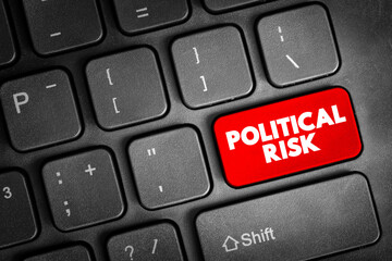Political Risk - possibility that your business could suffer because of instability or political changes in a country, text concept button on keyboard
