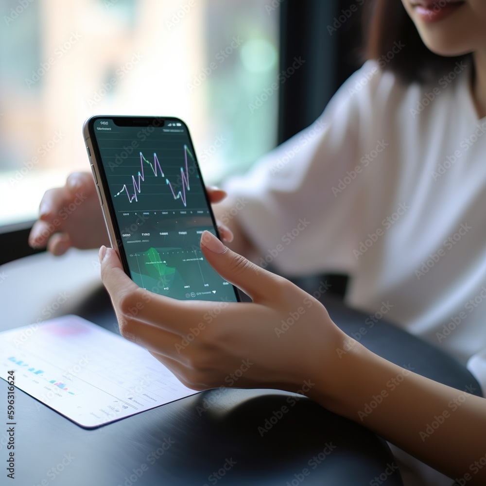 Poster work on a digital chart or graph for online work. close-up of a smartphone in a lady's hands on a ta