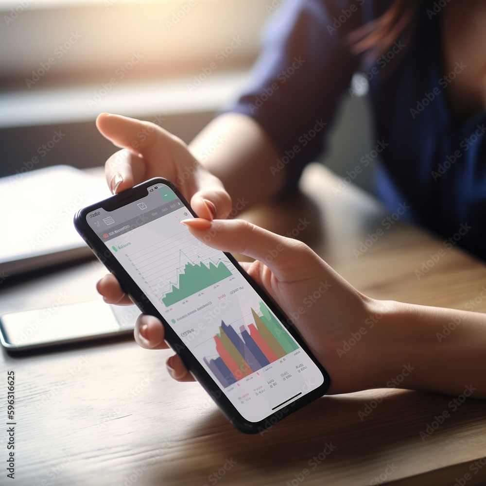 Aufkleber work on a digital chart or graph for online work. close-up of a smartphone in a lady's hands on a ta