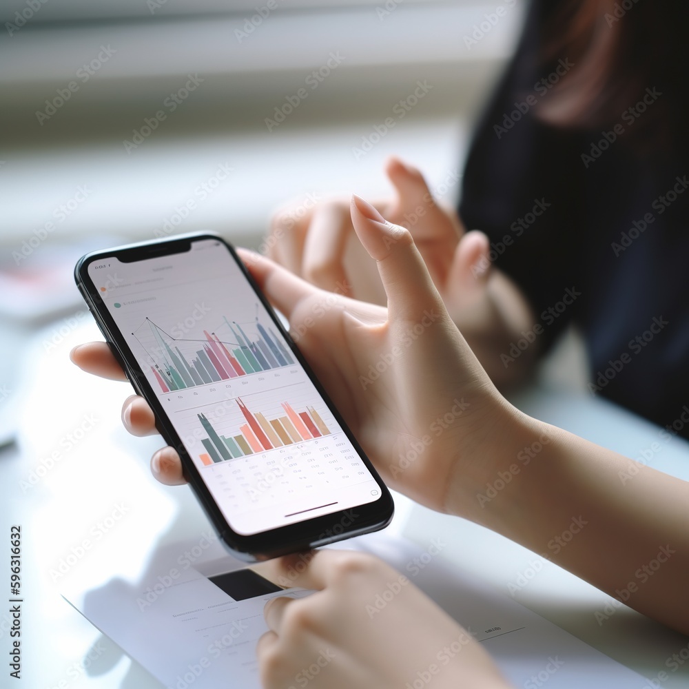 Poster work on a digital chart or graph for online work. close-up of a smartphone in a lady's hands on a ta