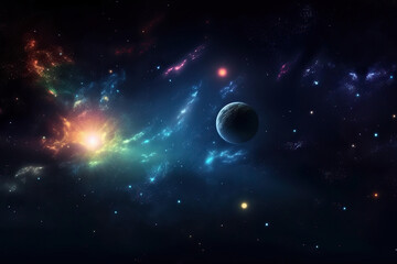 Obraz na płótnie Canvas Beauty of deep space, nebula and colored stars with planets, generative AI.