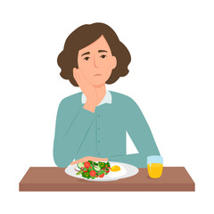 Woman suffers from lack of appetite. Girl isn't  hungry. Female unable to eat. Anorexia, eating disorder.Vector illustration