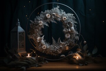 A greeting card style winter wreath with a shining star, painted with a night time theme. Generative AI