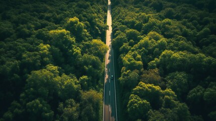 Photo of a road cutting through a forest, lone journey background, asphalt road in woods, created using Generative AI technology