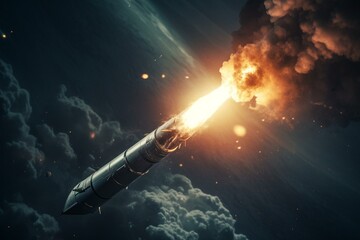 Digital image of a rocket powered by nuclear energy flying through space. Generative AI