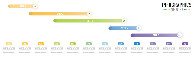 Gantt chart timeline 12 months infographic template or element with 5 step, process, option, colorful bar, icons, circle, button, bar, rectangle, rectangular, tag, paper origami for sale slide planner