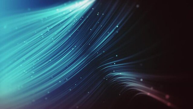 Digital Lines And Dots Streaming Background/ 4k animation of an abstract glowing background of flowing and streaming particle lines and dots with depth of field