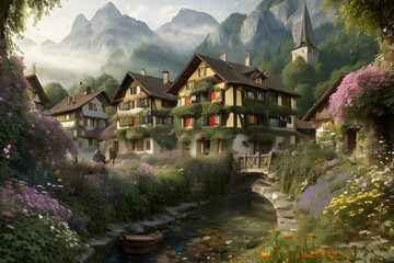 a medieval village in Switzerland, mess jungle in background, ornate, beautiful, atmosphere, vibe, flowers, by Generative AI