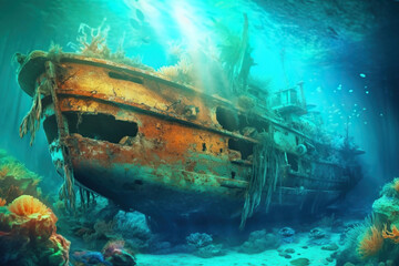 Ship Wreck Under a Tropical Colorful Clear Sea, Generative AI