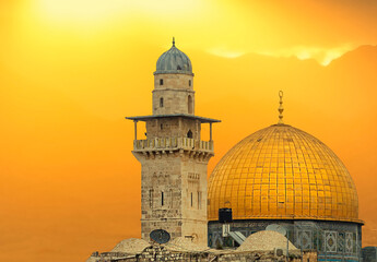 Dust storm during sunrise above golden dome of Rock Mosque on Temple Mount in old city of Jerusalem © sergei_fish13
