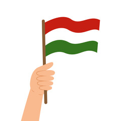 Hand holding a flag of Hungary. Vector illustration in flat style isolated on white background.