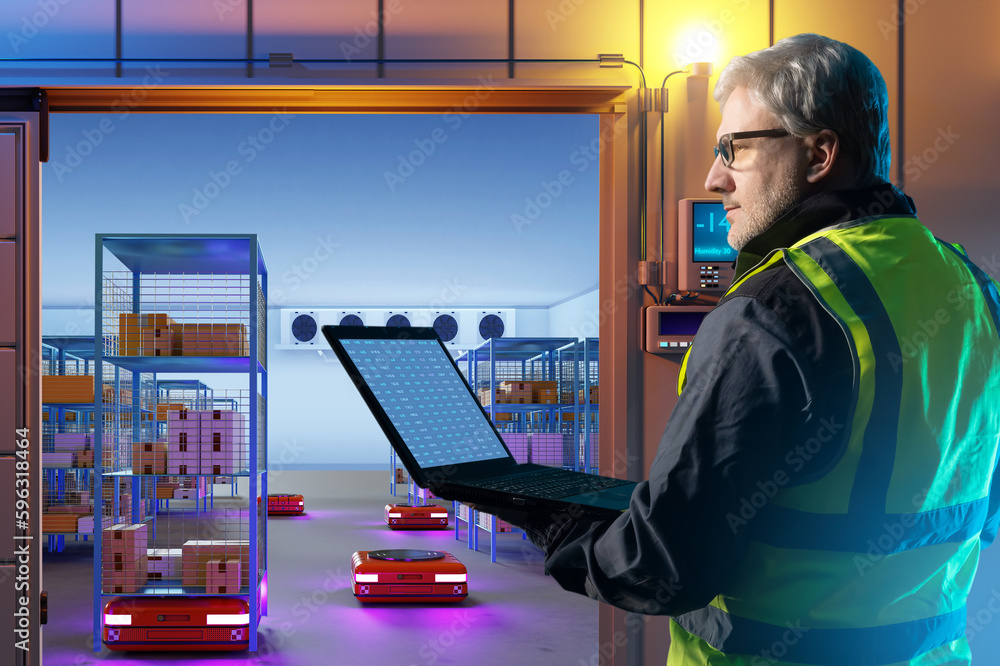 Poster automated refrigeration warehouse. robots inside freezer. gray-haired man with laptop. engineer near