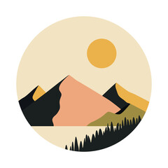Abstract boho landscape illustration. Sun, mountains, nature, lake, forest, hills minimalist design