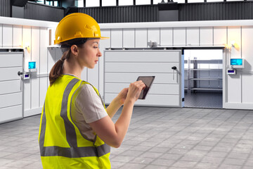 Warehouse with refrigeration equipment. Woman with tablet. Girl technician at factory. Hangar with...