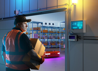 Warehouse loader man. Freezer warehouse. Refrigeration equipment inside enterprise. Man with box....