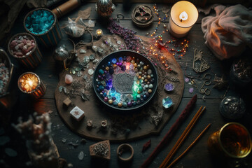 Psychic Waves | bowl of colorful crystals, surrounded by a few lit candles and burning incense sticks. encourage mindfulness and spiritual practices to enhance the power of mind.Ai