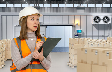 Warehouse worker woman. Girl is holding clipboard. Cardboard boxes around storekeeper. Warehouse refrigerator. Manager near industrial refrigerator. Woman in warehouse hangar. Revision in storage