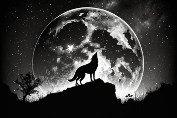 Psychic Waves | illustration show majestic wolf standing on cliff, with its head tilted upward and its muzzle pointed towards the full moon in the night sky. The wolf's body outlined in dark colors.Ai