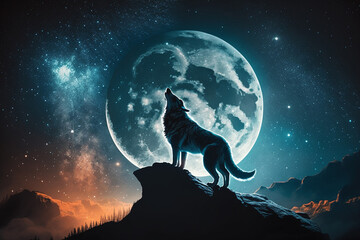 Psychic Waves | illustration show majestic wolf standing on cliff, with its head tilted upward and its muzzle pointed towards the full moon in the night sky. The wolf's body outlined in dark colors.Ai