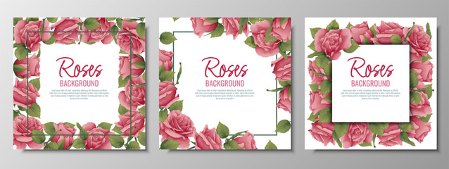 Naklejka premium Set of postcards with roses. Border, frame with pink flowers and green leaves. Background with botanical elements. Vector illustration.