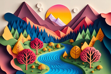 Abstract colorful mountains with a river and the sun made of paper. Generative AI