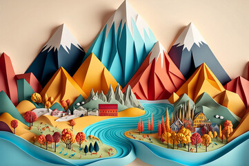 Abstract colorful mountain village with a river made of paper. Generative AI