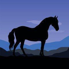 Balck Silhouette horse, landscape, vector illustration