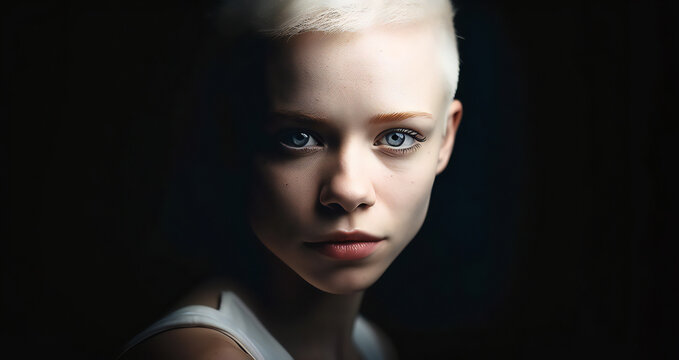 Young blonde albino woman doing face building facial gymnastics on black background. Generative ai.
