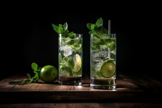 A pair of mojitos resting on a wooden surface. Generative AI