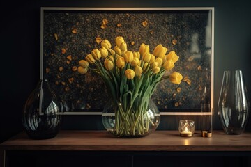 A vase holding yellow flowers sits next to a framed tulip picture on a table. Generative AI