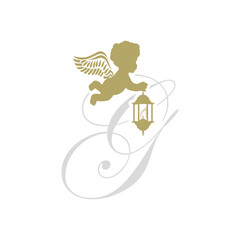 golden baby angel with lantern, letter g