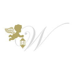 golden baby angel with lantern, letter w