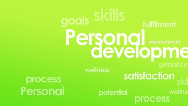 Personal Development words travelling goals potential fulfillment achievement coaching wellness skills title white text green tag cloud background animation