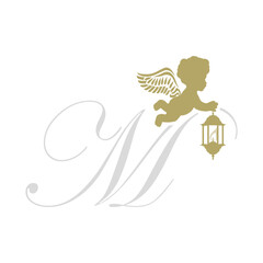 golden baby angel with lantern, letter m