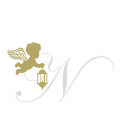 golden baby angel with lantern, letter n