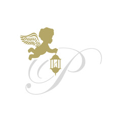 golden baby angel with lantern, letter p