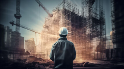 Fototapeta premium Projektleiter:in Projektmanager:in am Bau Verantwortung Koordination Doppelbelichtung Double Exposure (Generative AI) Digital Art Hintergrund Cover Brainstorming Background
