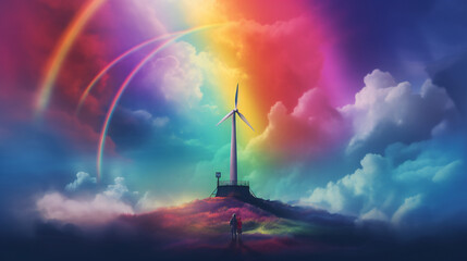 Wind turbine that stretches into the clouds and rainbow illustration. Generative Ai