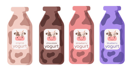 Bottled milk. The original design of bottles for milk. Strawberry, chocolate, banana milk. Vector image of bottles for print, menu, pattern, mockups.