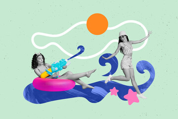Poster banner collage of young ladies fellows enjoy chill summer voyage playing water game with gun...