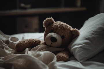 Bandaged teddy bear resting in bed. Generative AI
